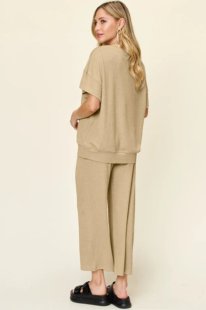 Double Take Full Size Texture Round Neck Short Sleeve T-Shirt and Wide Leg Pants - -