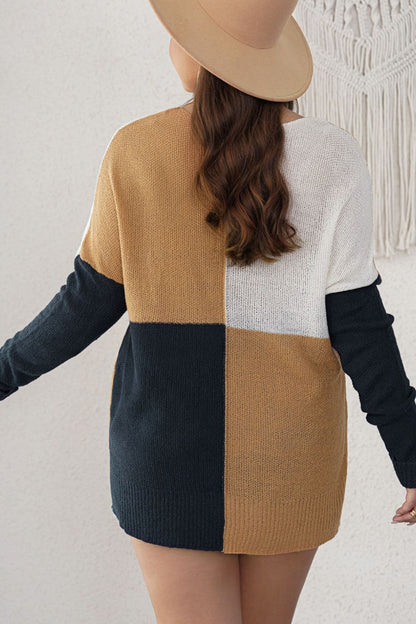 Plus Size Color Block Round Neck Sweater - -