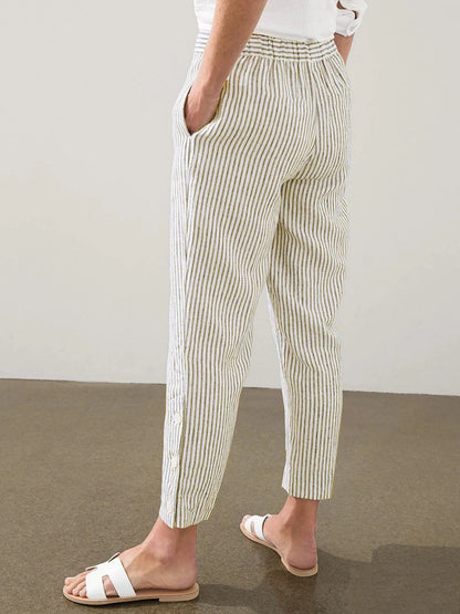 Full Size Striped Side Button Detail Pants Plus Size - -