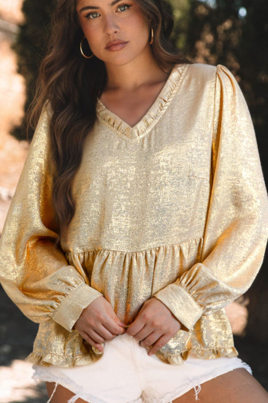 Gold Peplum Blouse – V-Neck Long Sleeve Top with Subtle Shine - Gold -