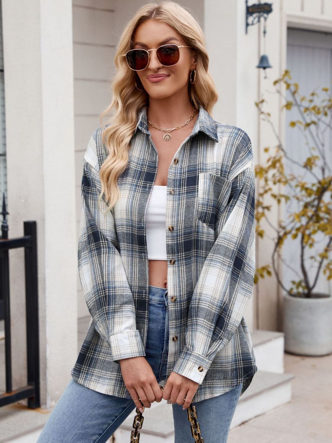 Mandy Plaid Collared Neck Long Sleeve Shirt - -