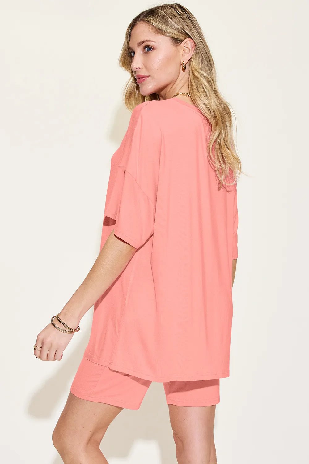 Basic Bae Bamboo Full Size V-Neck Drop Shoulder T-Shirt and Shorts Set - -