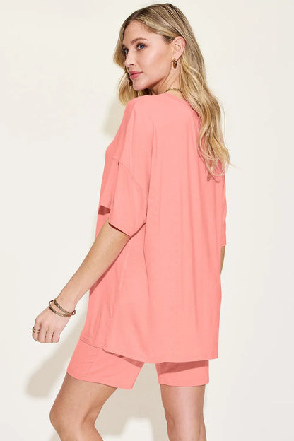 Basic Bae Bamboo Full Size V-Neck Drop Shoulder T-Shirt and Shorts Set - -