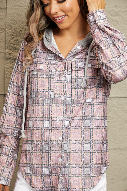 Double Take Plaid Long Sleeve Hooded Jacket - -