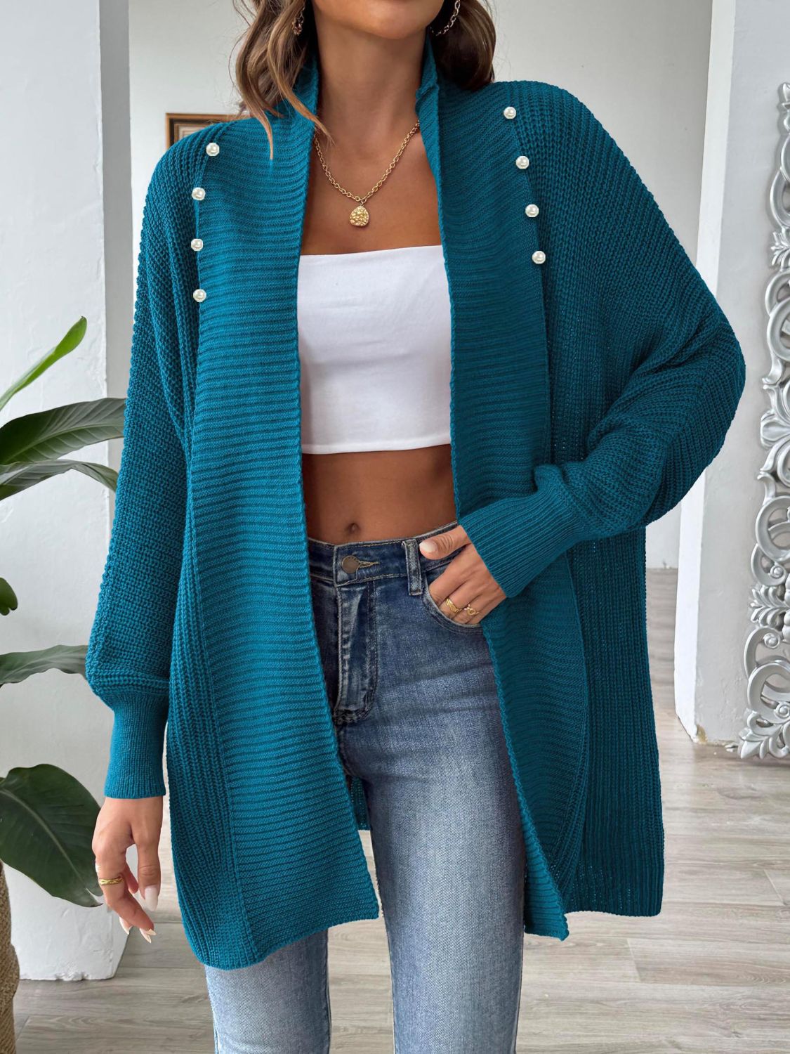 Open Front Long Sleeve Cardigan - -