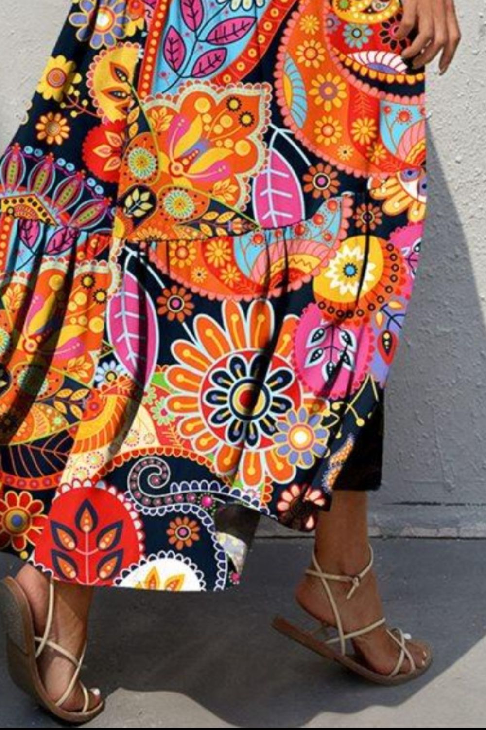 Tiered Printed V-Neck Sleeveless Dress - -