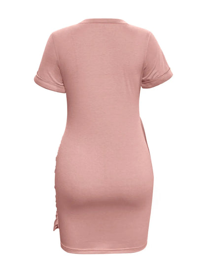 Round Neck Short Sleeve Mini Tee Dress - -