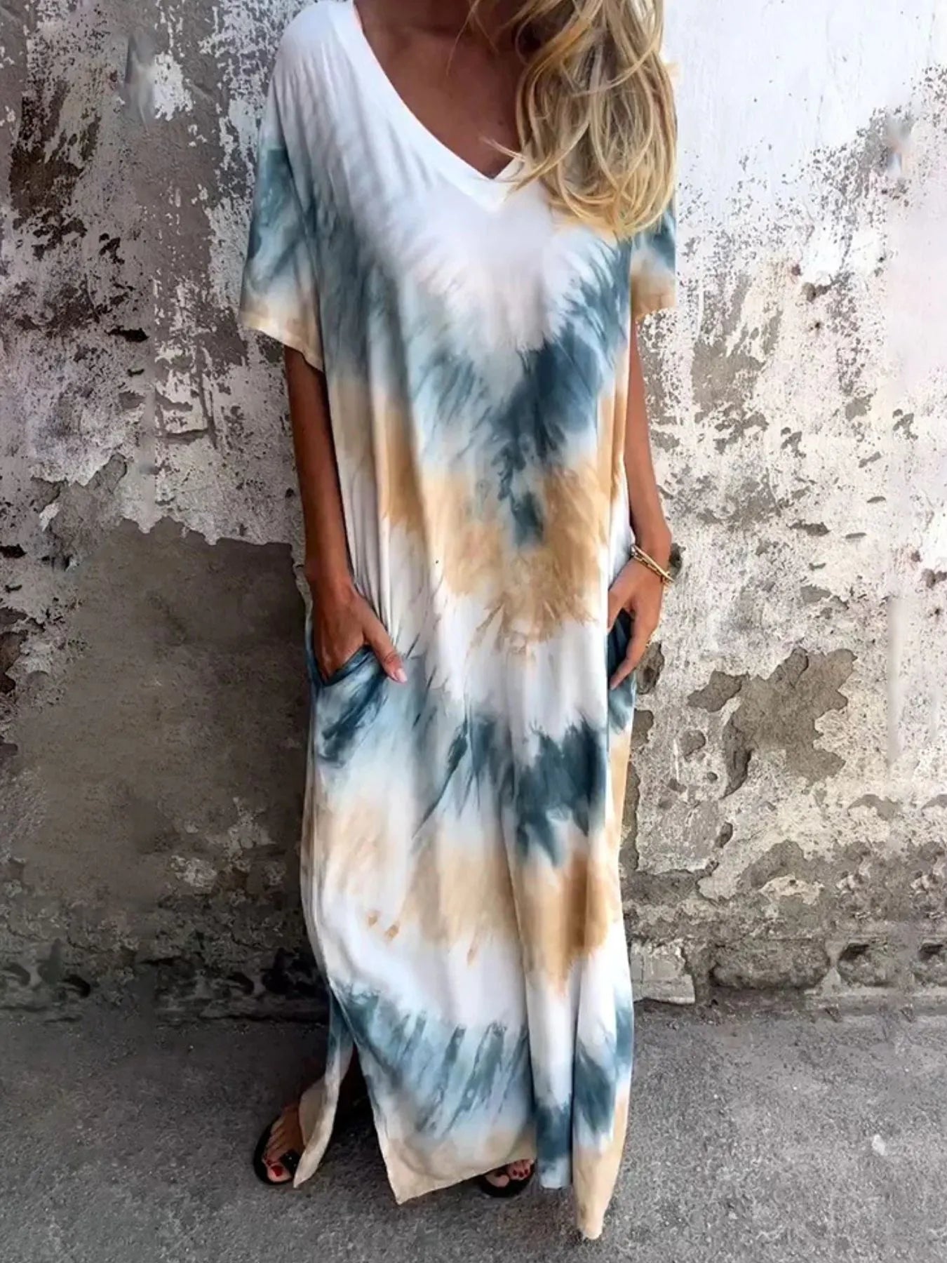 Full Size Tie-Dye V-Neck Midi Dress with Pockets Plus Size - -