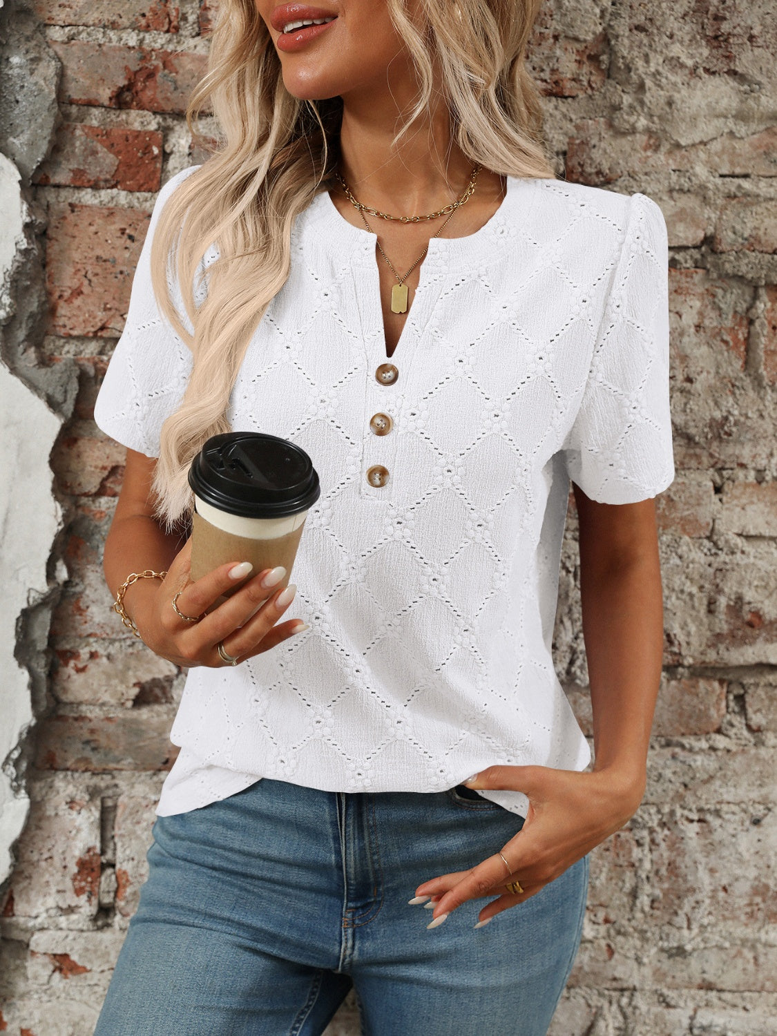 Eyelet Notched Short Sleeve Top - -