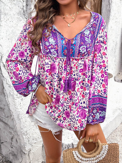 Devine Printed Tie Neck Long Sleeve Blouse - -
