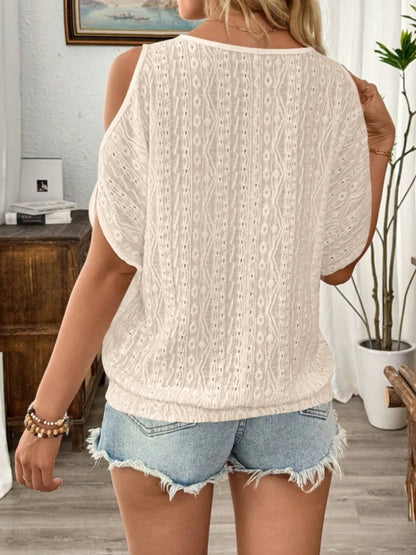Eyelet Cold Shoulder Round Neck Blouse - -