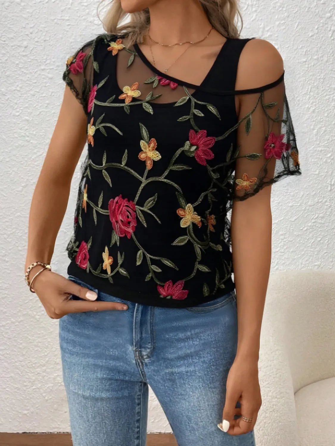 Floral Short Sleeve Sheer Top - -