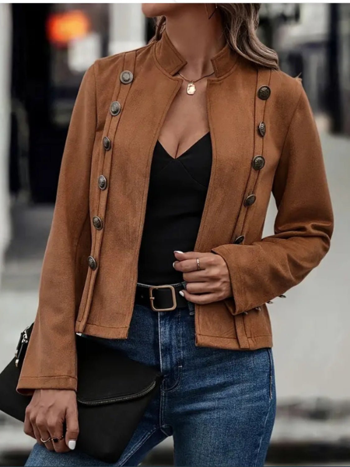 Decorative Button Open Front Long Sleeve Jacket - -