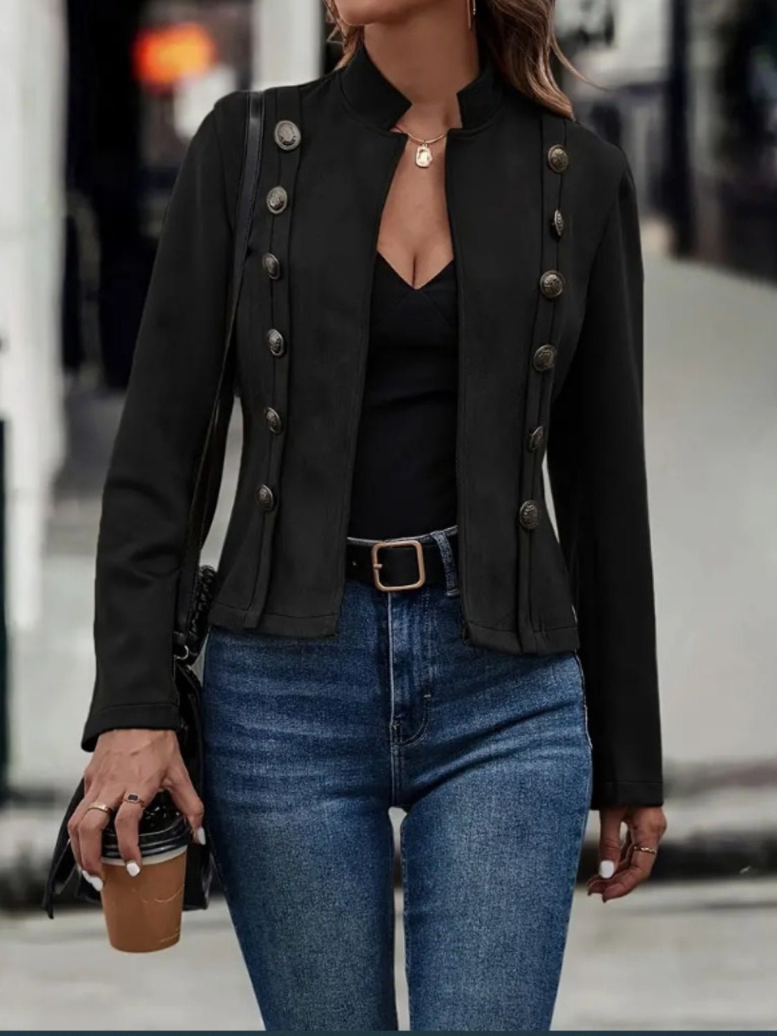 Decorative Button Open Front Long Sleeve Jacket - Black -