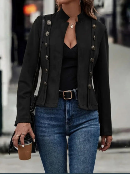 Decorative Button Open Front Long Sleeve Jacket - -