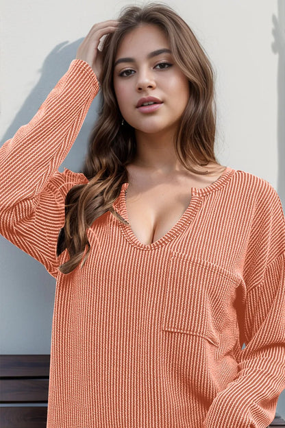 Double Take Striped Notched Long Sleeve T-Shirt - Tangerine -