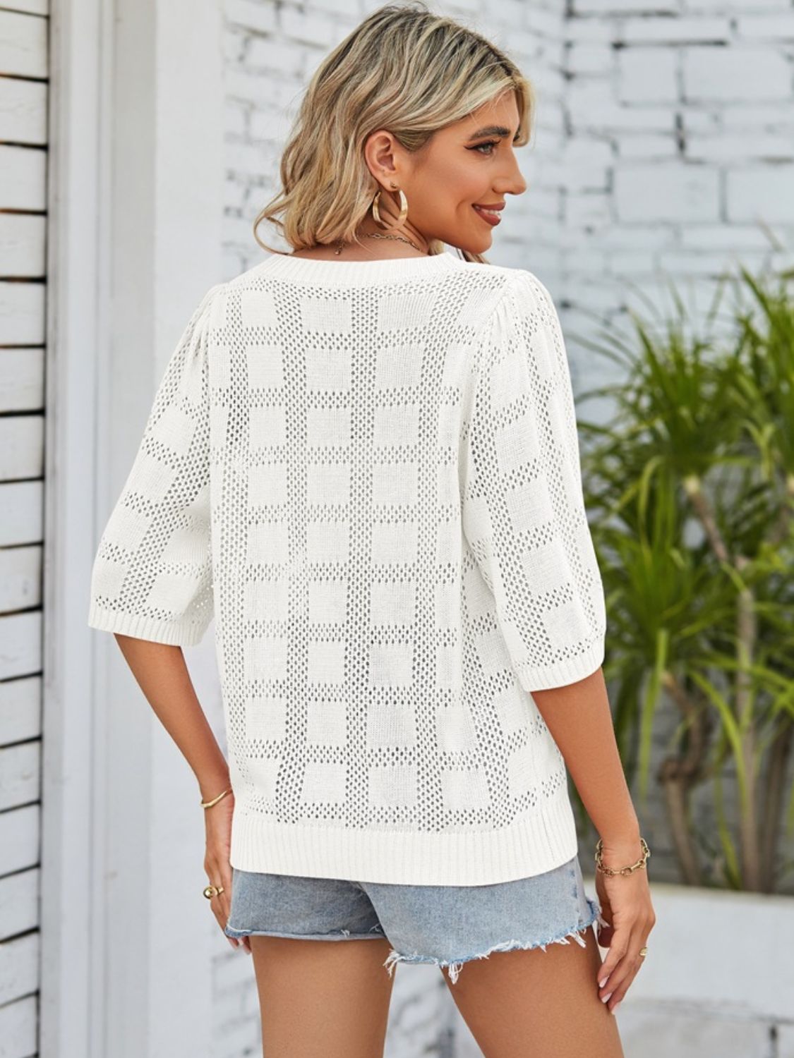 Mandy Openwork Round Neck Knit Top - -