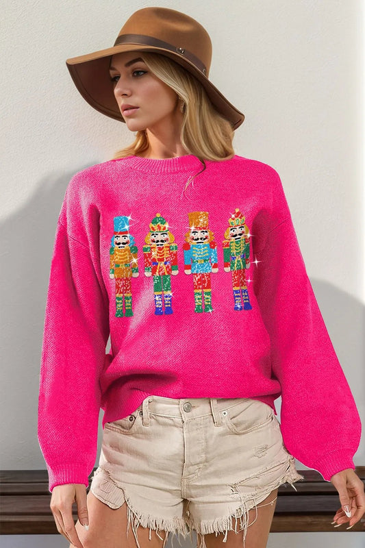Double Take Full Size Sequin Nutcracker Long Sleeve Sweater – | Shannon’s Chique Boutique