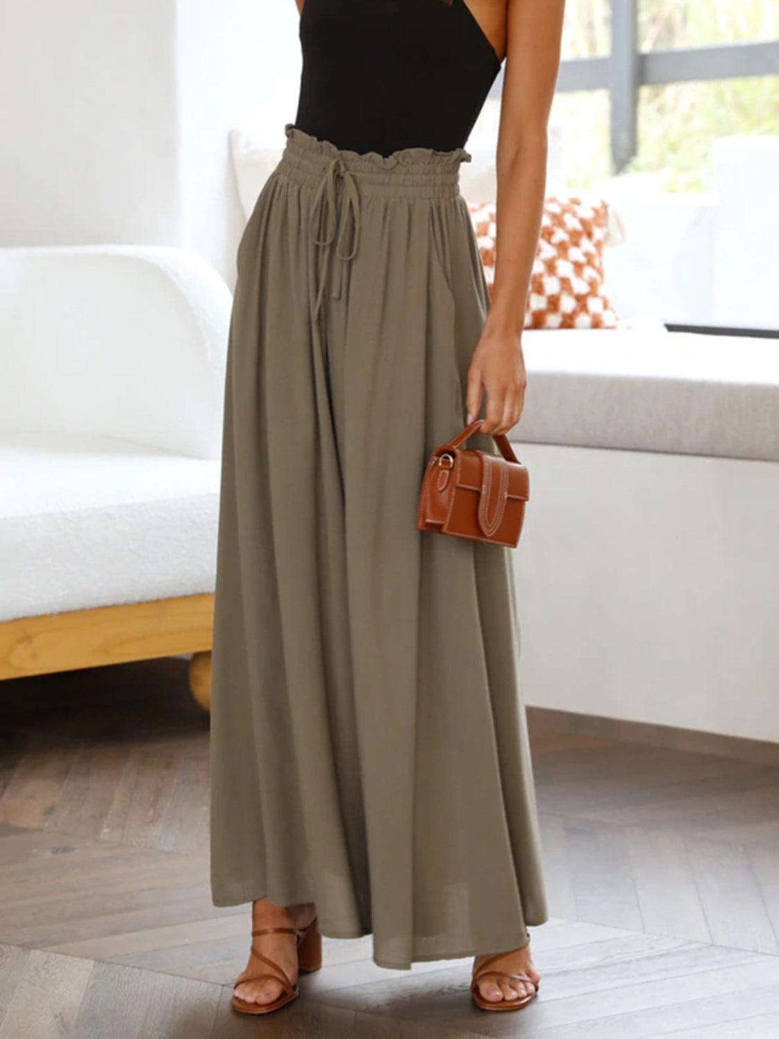 Wide Leg Pants with Pockets - -