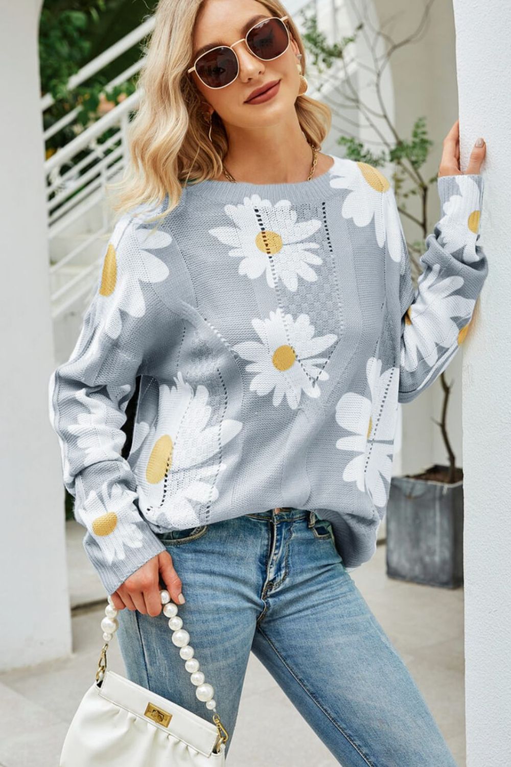 Angel Wings Daisy Print Openwork Round Neck Sweater - -