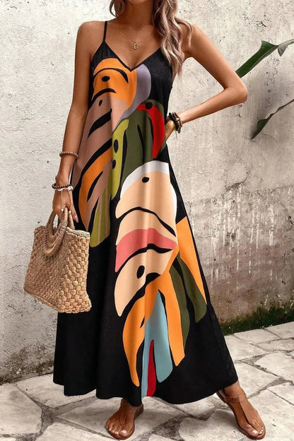 Tropical Leaf Print V-Neck Maxi Cami Dress – | Shannon’s Chique Boutique