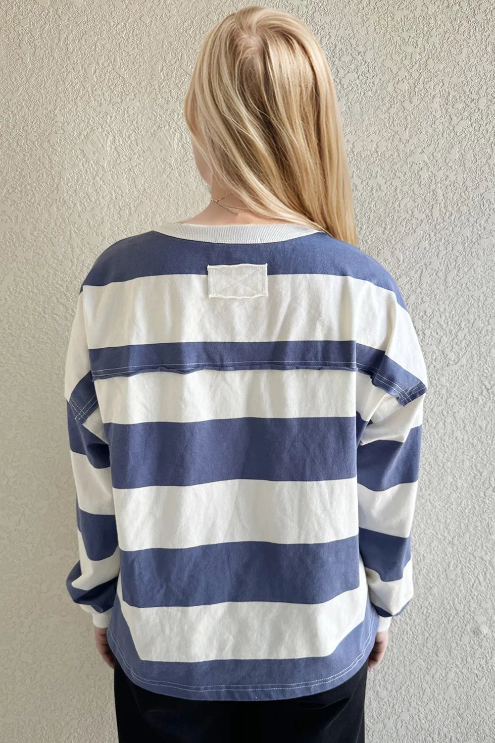 Oh Pima Cotton Wash Exposed Seam Contrast Striped Round Neck Long Sleeve T-Shirt - -