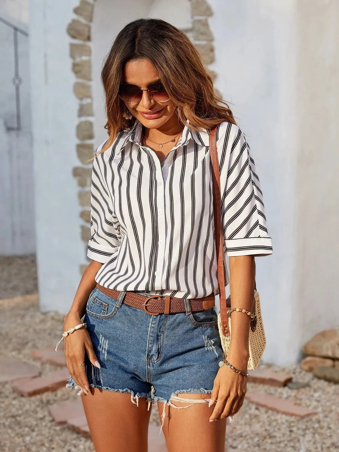 Striped Collared Neck Half Sleeve Shirt - -