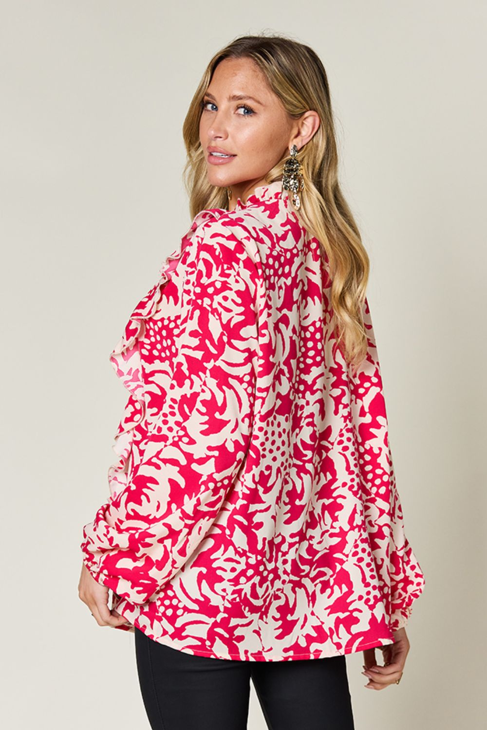 Double Take Full Size Printed Ruffle Trim Balloon Sleeve Shirt - -
