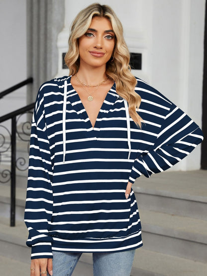 Drawstring Striped Long Sleeve Hoodie - -
