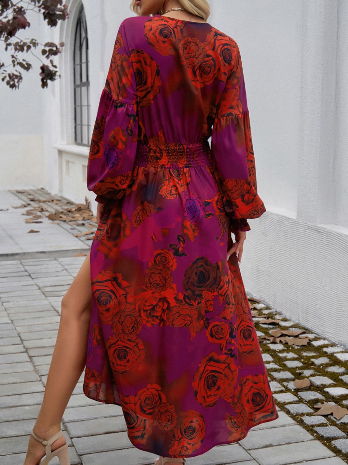 Devine Split Printed Surplice Long Sleeve Midi Dress - -