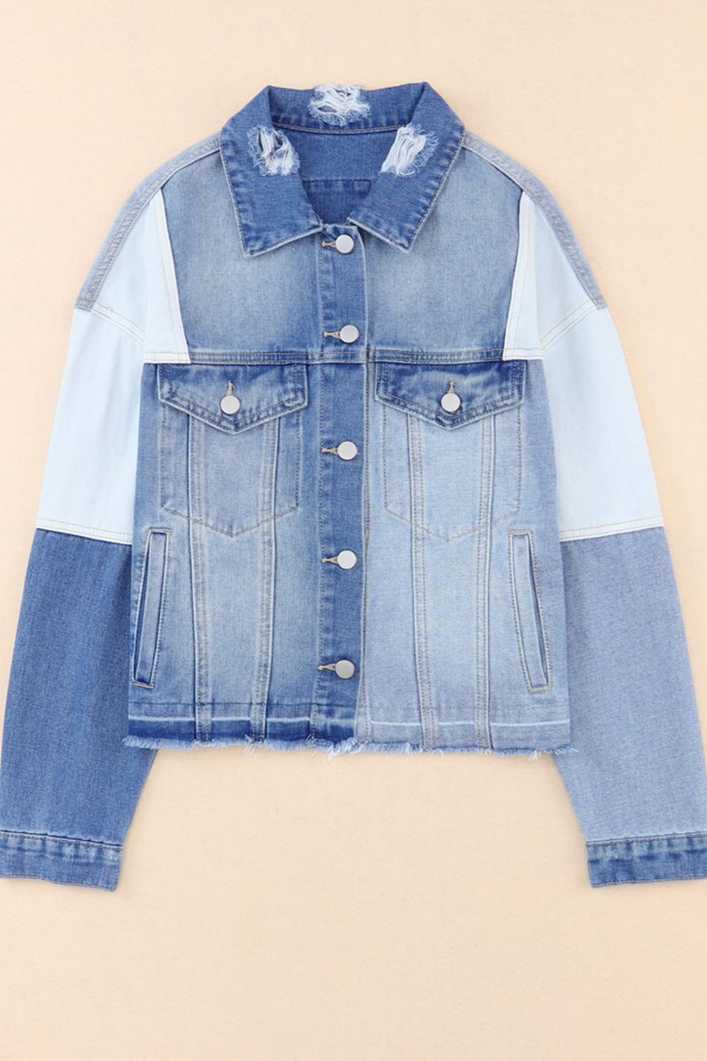 Distressed Button Up Drop Shoulder Denim Jacket - -