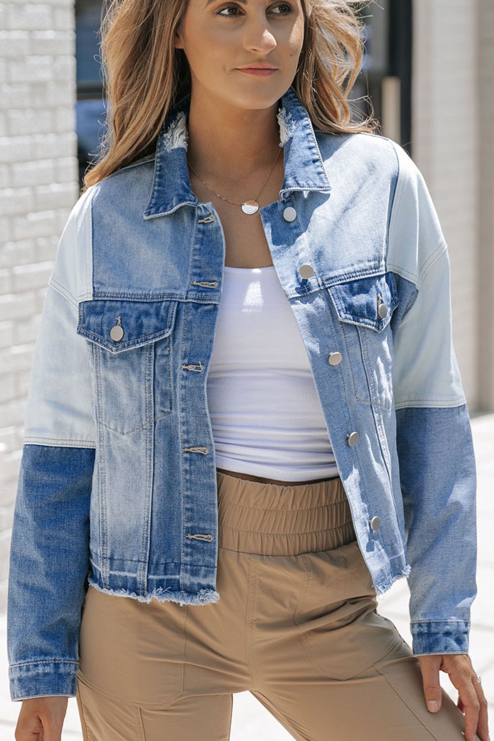 Distressed Button Up Drop Shoulder Denim Jacket - -