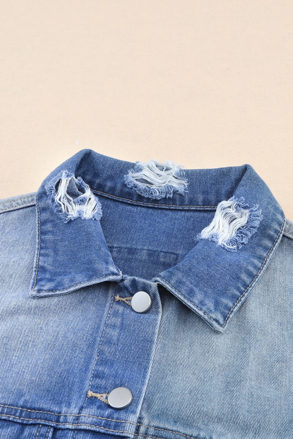 Distressed Button Up Drop Shoulder Denim Jacket - -