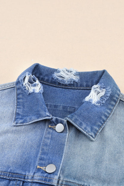 Distressed Button Up Drop Shoulder Denim Jacket - -