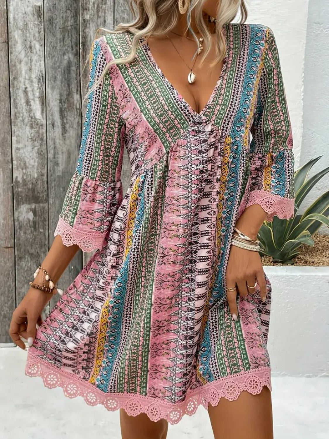 Lace Trim Printed V-Neck 3/4 Sleeve Dress - -