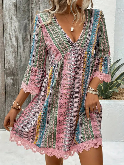 Lace Trim Printed V-Neck 3/4 Sleeve Dress - -