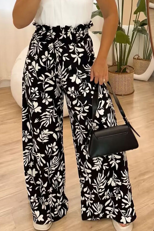 Full Size Printed High Waist Wide Leg Pants - Black -