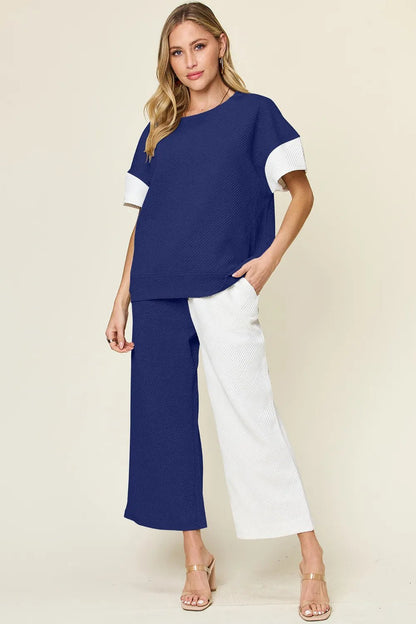 Double Take Full Size Texture Contrast T-Shirt and Wide Leg Pants Set - Royal Blue -