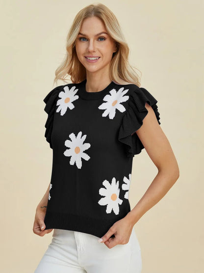 Double Take Full Size Ruffled Flower Round Neck Cap Sleeve Sweater – | Shannon’s Chique Boutique