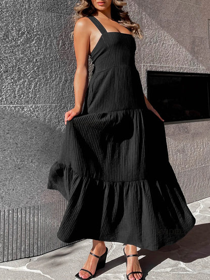Square Neck Tiered Maxi Dress – Pretty Ruched Summer Dress | Luxe Vibes by SCB Boutique - Black -