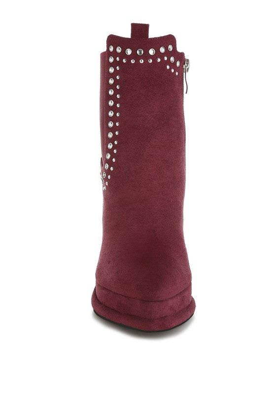 Burgundy suede boot with silver studs and side zipper detailing
