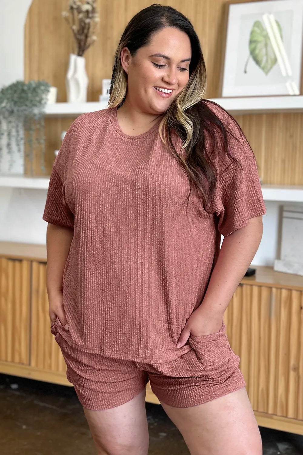 Double Take Full Size Round Neck Short Sleeve T-Shirt and Shorts Set - -