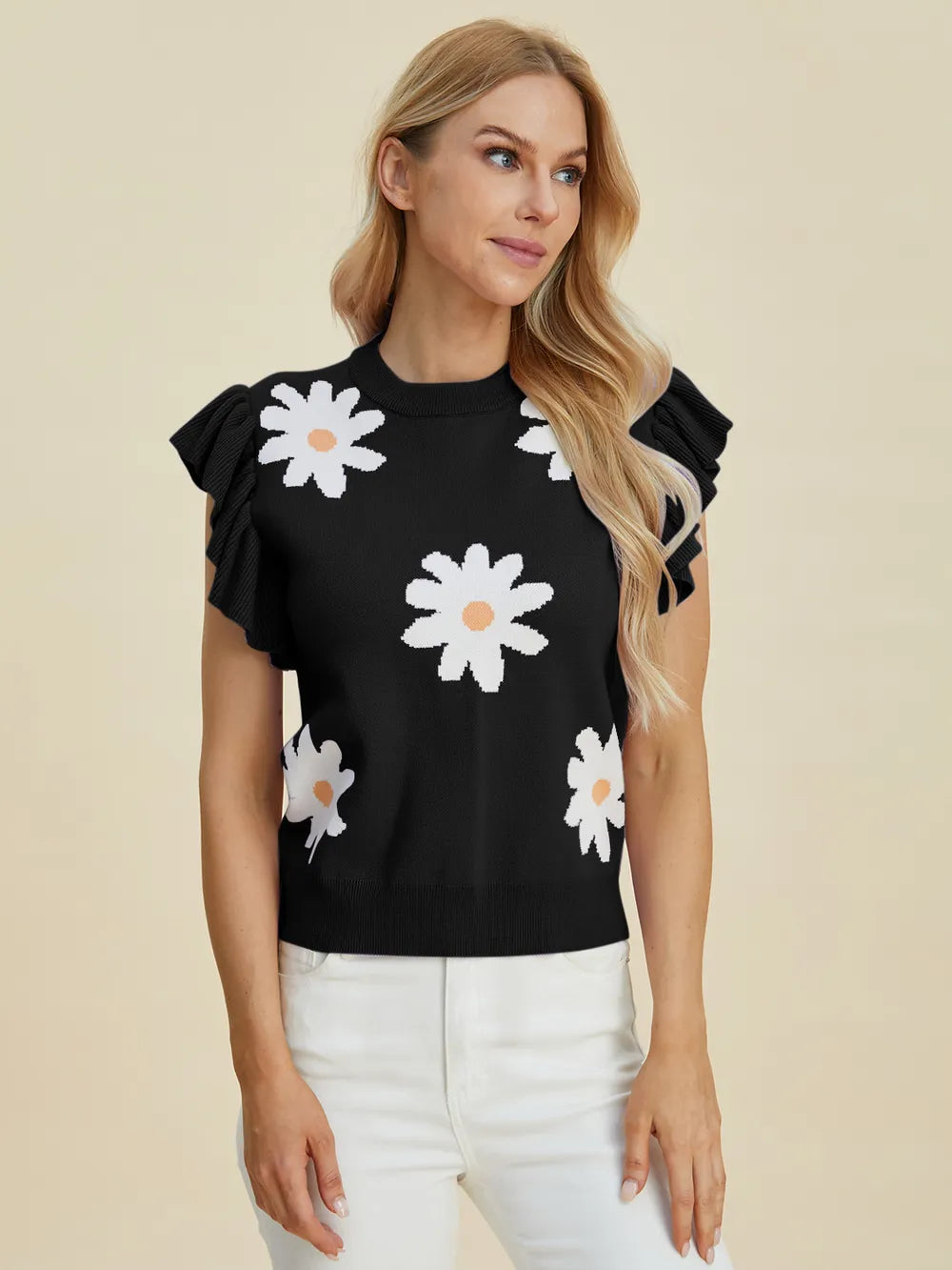 Double Take Full Size Ruffled Flower Round Neck Cap Sleeve Sweater – | Shannon’s Chique Boutique