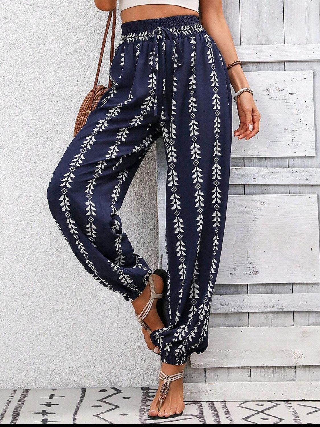 Tied Printed High Waist Pants - -
