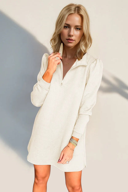 Double Take Textured Quarter Zip Long Sleeve Dress - Cream -