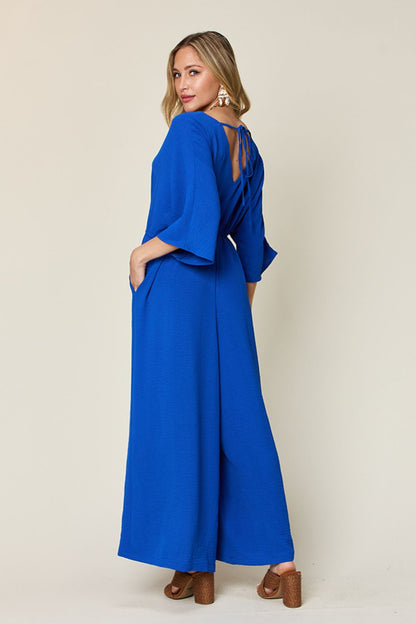 Double Take Full Size Surplice Wide Leg Jumpsuit with Pockets - -