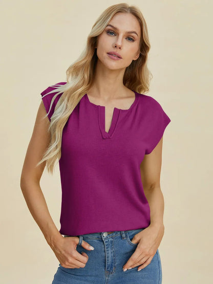 Double Take Full Size Notched Cap Sleeve Knit Top – | Shannon’s Chique Boutique