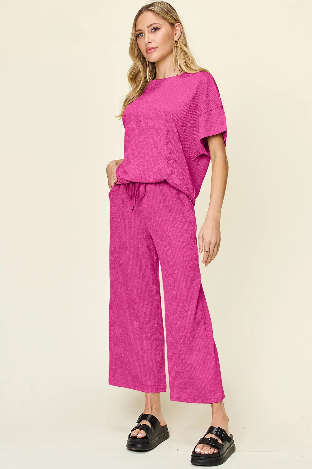 Double Take Full Size Texture Round Neck Short Sleeve T-Shirt and Wide Leg Pants - Hot Pink -