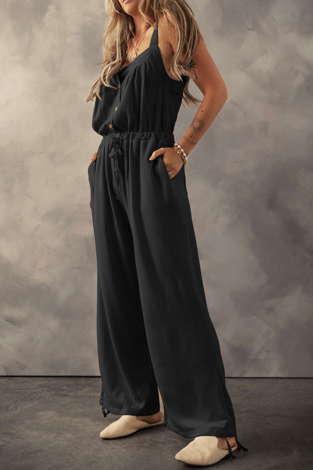 Knotted Straps Button Textured Drawstring Jumpsuit - -