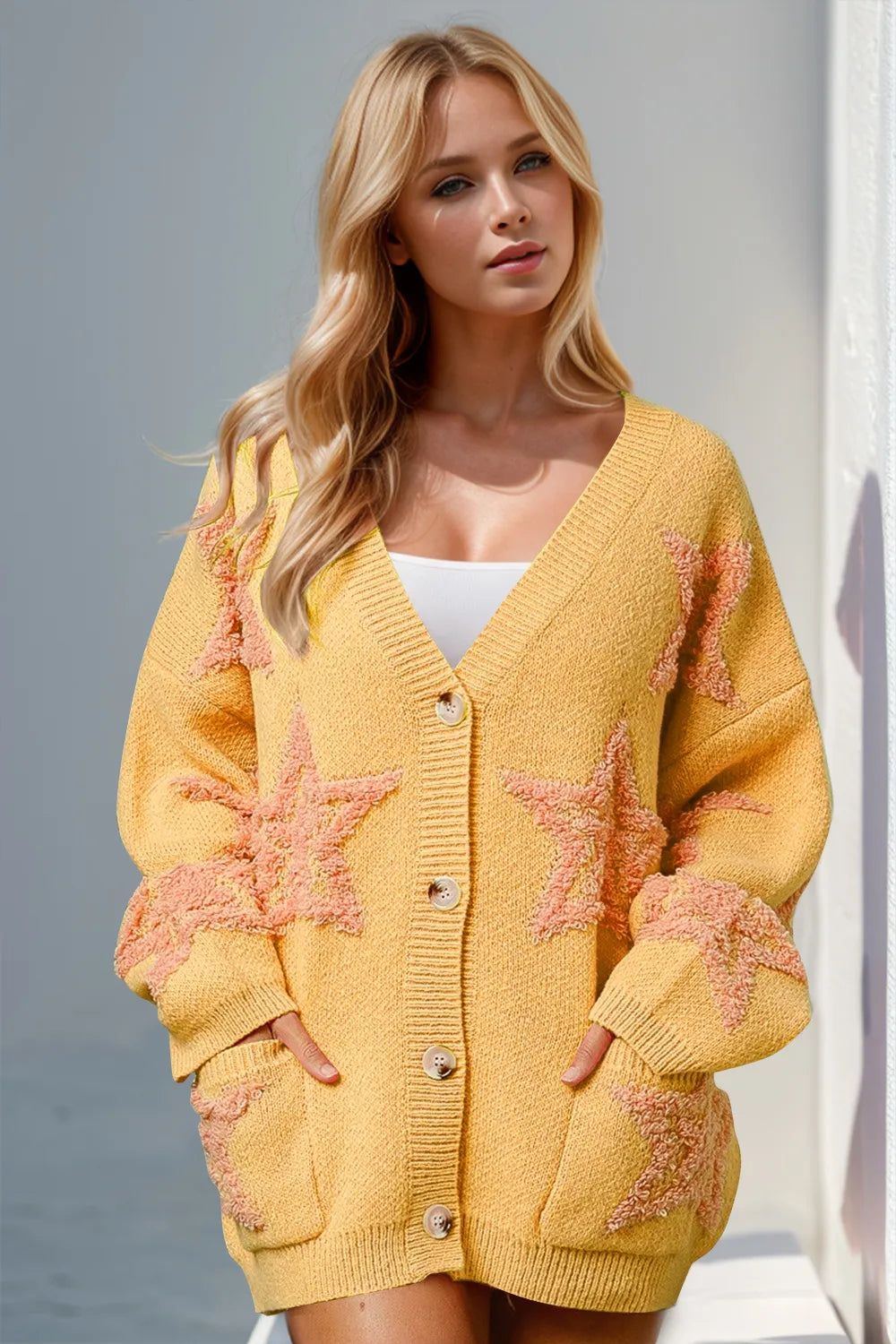 Double Take Full Size Button Up Star Pattern Cardigan - Yellow -
